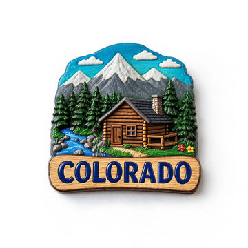 Colorado souvenir magnet featuring wooden cabin in front of mountain range