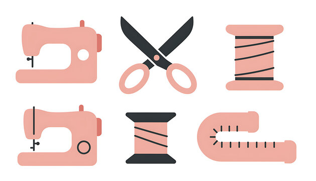 Sewing and tailoring vector icon set featuring a sewing machine, scissors, thread spools, and measuring tape.
