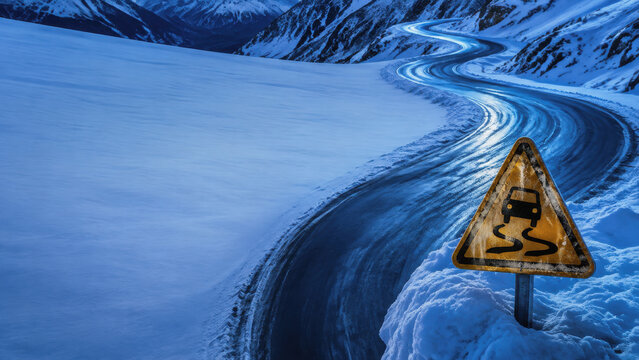 Winding mountain road covered in black ice with slippery road warning sign in winter