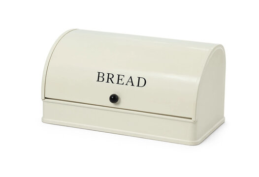 Cream metal bread box with roll top lid and black lettering metal container kitchen stora