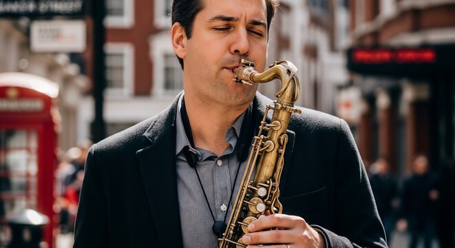 Man saxophone player on urban street, men walking candid portrait of mature musician playing tenor sax implied by posture and motion,
