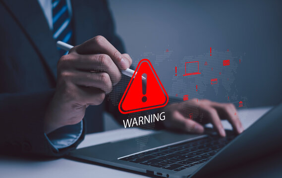 Warnings exclamation mark alerts in computer systems to be aware of the dangers and risks of cyberattacks on the Internet. Malicious software to secure online logins on websites