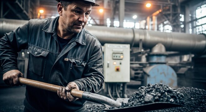 Man shoveling coal in industrial workshop, rugged factory worker using heavy shovel to move hot coals and metal slag while focused on steady motion,