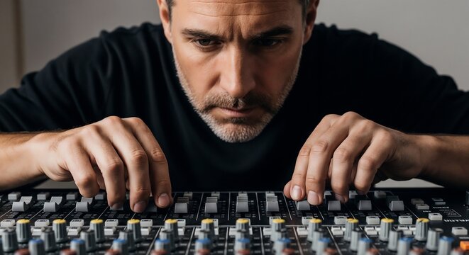 Man sound engineer at mixing console adjusting faders and knobs with focused concentration and steady hands, men sound engineer capturing studio workflow and technical detail,
