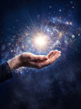 A hand reaching toward a glowing light in a starry universe symbolizing hope and possibility