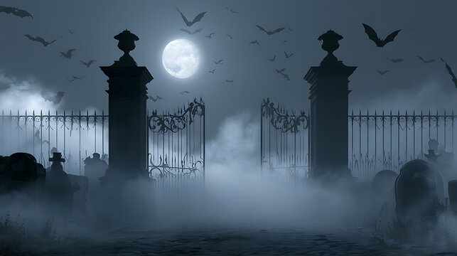 Haunted castle gate at night with iron fence, full moon, mist and flying bats in a spooky landscape