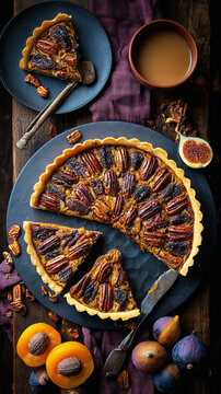 Open pie with dates and pecans is served on a rustic table with two cups of tea. Roses are placed around the pie. It is set in a homey, warm atmosphere