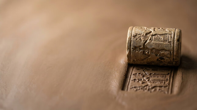 Ancient Mesopotamian cylinder seal rolling onto wet clay creating a cuneiform script impression for historical archaeological study