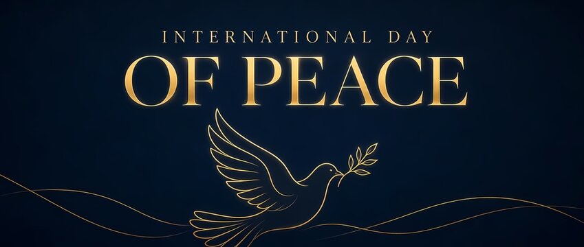 Elegant Golden Dove Illustration on a Deep Blue Peace Day Background