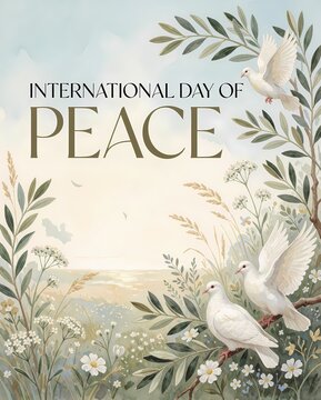 White Doves and Earth Globe Framed by Olive Branches for Peace