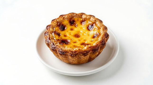 Golden baked custard tart with caramelized on white plate