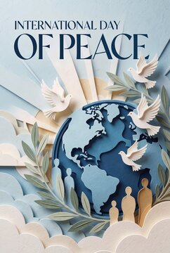 Earth Globe Surrounded by White Doves and Olive Branches for Peace Day