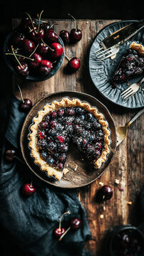 Blueberry pie is set on a wooden plate. The pie has pieces cut out and shows blueberries and a vanilla drizzle. It is placed on a dark surface, which enhances its colors