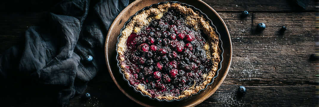 Blueberry pie is set on a wooden plate. The pie has pieces cut out and shows blueberries and a vanilla drizzle. It is placed on a dark surface, which enhances its colors
