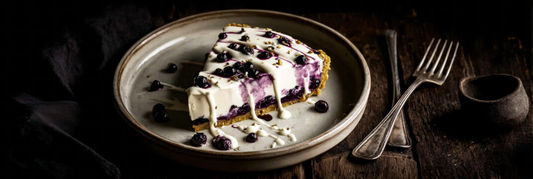 A round pie filled with blueberries and topped with a vanilla drizzle sits on a dark wooden table alongside a small jug of cream. A fork rests nearby