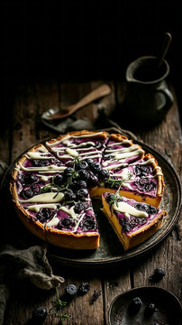 A round pie filled with blueberries and topped with a vanilla drizzle sits on a dark wooden table alongside a small jug of cream. A fork rests nearby