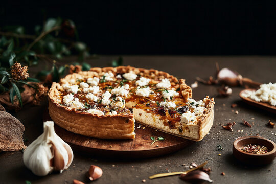 An open pie features caramelized onions, feta cheese, and fragrant herbs on a wooden platter. Fresh garlic and herbs surround this dish in a cozy kitchen atmosphere