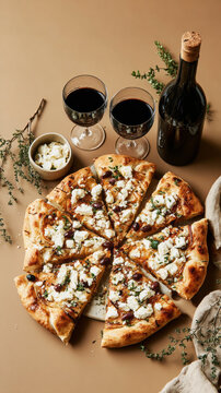 An open pie features caramelized onions, feta cheese, and fragrant herbs on a wooden platter. Fresh garlic and herbs surround this dish in a cozy kitchen atmosphere