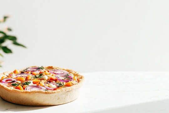 An open pie features caramelized onions, feta cheese, and fragrant herbs on a wooden platter. Fresh garlic and herbs surround this dish in a cozy kitchen atmosphere