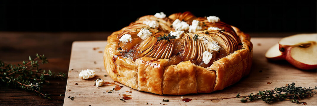 An open pie features caramelized onions, feta cheese, and fragrant herbs on a wooden platter. Fresh garlic and herbs surround this dish in a cozy kitchen atmosphere