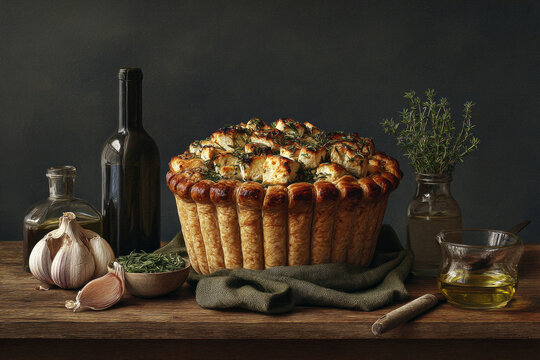 An open pie features caramelized onions, feta cheese, and fragrant herbs on a wooden platter. Fresh garlic and herbs surround this dish in a cozy kitchen atmosphere