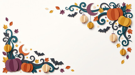 Fototapeta premium Paper cut style halloween border with pumpkins, lanterns, bats, and moons on a plain white... frame