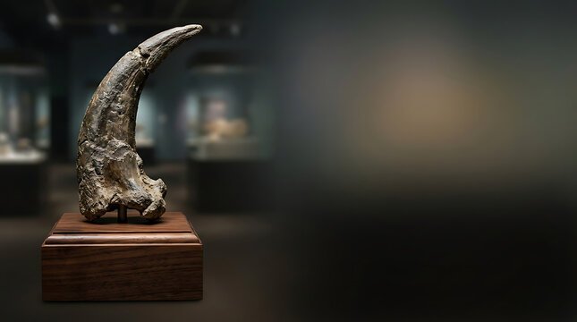 Ancient Prehistoric Mammoth Tusk Fossil Displayed on Wooden Pedestal in Museum Exhibit