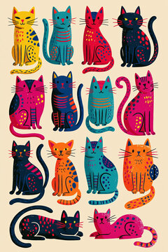 Vibrant 12-cat grid illustration, each cat in unique pose, bright colors lemon yellow, crimson red, cobalt blue, magenta pink, turquoise teal, orange, charcoal black, decorative patte - AI-Generated