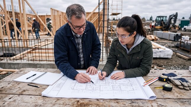Architect and civil engineer conducting engineering review on blueprint at residential building construction site. Caucasian contractors examining floor plan specifications outdoors.