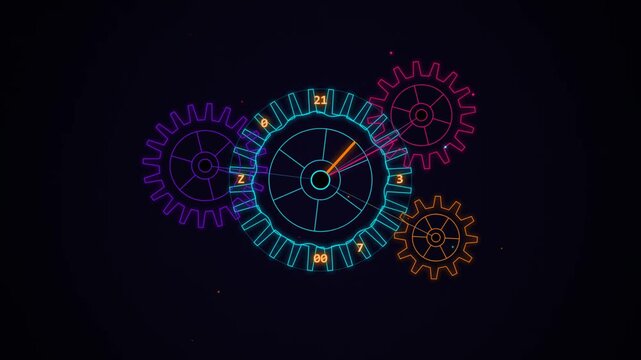 Neon glowing gears and clock mechanism interface on a dark background representing digital technology and time management concepts 4k Motion Video