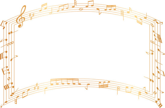 gold colored music notes rectangular frame wavy staff line - vector border