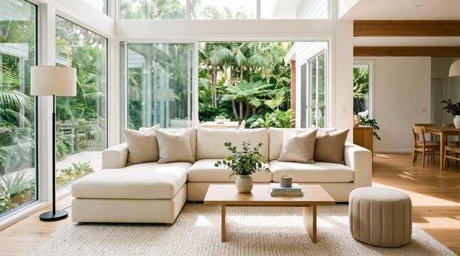 Modern living room with sectional sofa and lush garden view through large windows