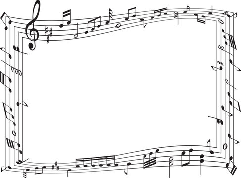 music notes rectangular frame wavy staff line black vector border