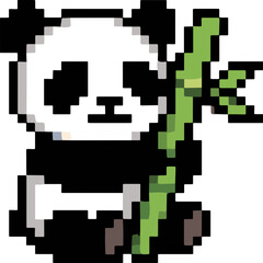 Pixel art panda illustration holding green bamboo, retro 8-bit style animal character isolated on white background. © Hayyin Shalihah