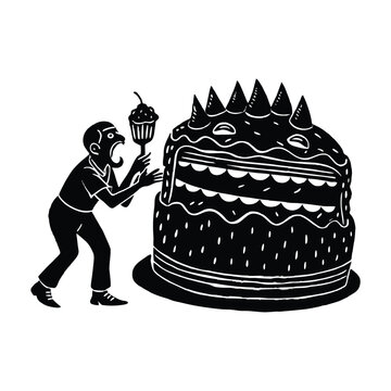 Giant cake silhouette with hungry person eating