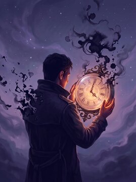 A man grasping a luminous clock enveloped in enchanting mist and stars during twilight