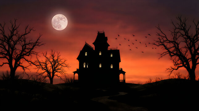 Spooky silhouette of an old haunted house at night with a full moon and flying birds background