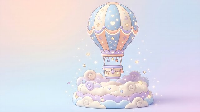 Whimsical hot air balloon drifting over fluffy white clouds in soft pastel sky
