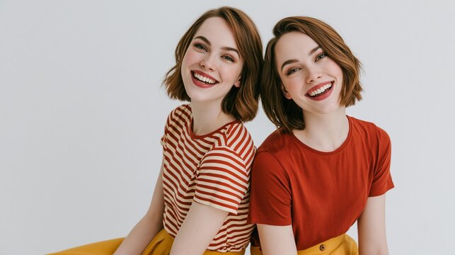 Identical twin sisters sitting back-to-back and laughing happily
