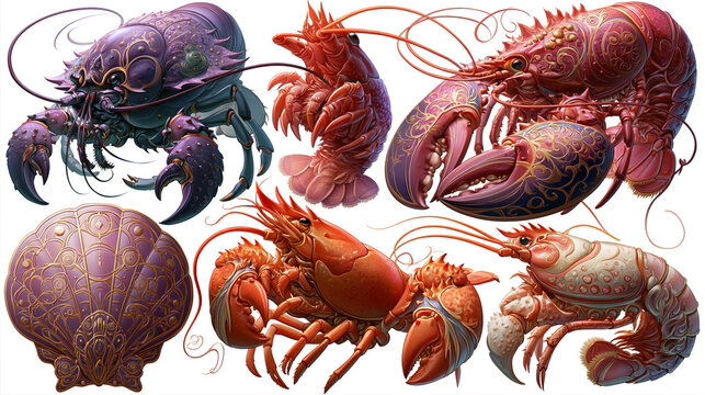 Collection of five stylized lobsters, each with unique colors purple, red, orange, yellow and patterns, rendered in a fantastical style All in profile views, facing left, positioned - AI-Generated