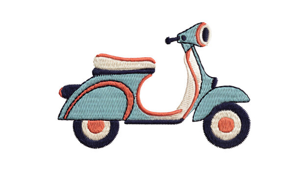A retro embroidered fabric patch featuring a classic Italian-style scooter in side view, detailed colorful stitched threadwork, thick embroidered border, visible woven textile texture, charming Europe