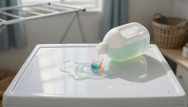 A white plastic bottle pours translucent green liquid detergent onto the lid of a top-loading washing machine, forming a spreading puddle with a measuring cup nearby. Podcast cover