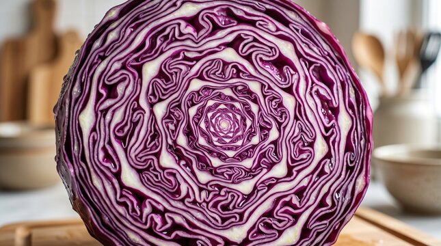Fresh red cabbage cross section showing detailed internal leaf layers