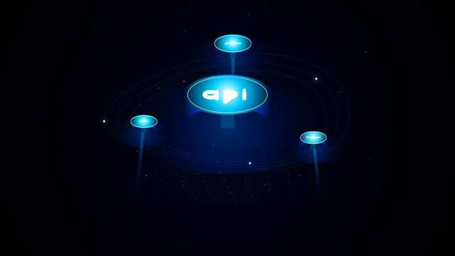 Abstract digital concept illustration with glowing blue api interface circles connected in a dark virtual network space for modern technology and software development 4k Motion Video