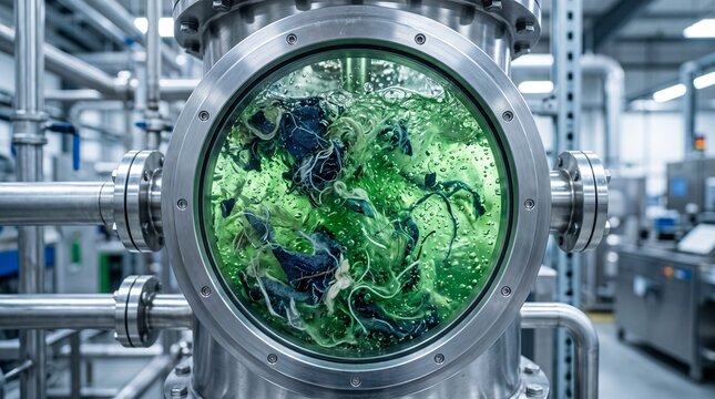 Industrial bioreactor tank filled with green algae and organic matter