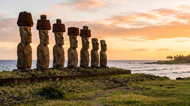 Ancient Moai stone statues standing tall on Easter Island with detailed rocky textures and historic red cylindrical volcanic rock hats