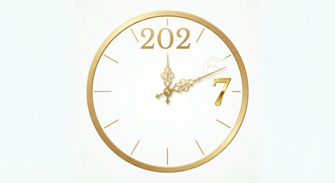Elegant gold clock face shows 2027 approaching midnight on New Year's Eve