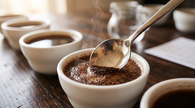 Professional coffee tasting session with cups and silver spoon on wood table