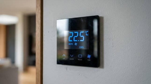 A close up shot of a modern black digital smart thermostat mounted on a textured white wall near a wooden doorframe, displaying the temperature and status in blue lights