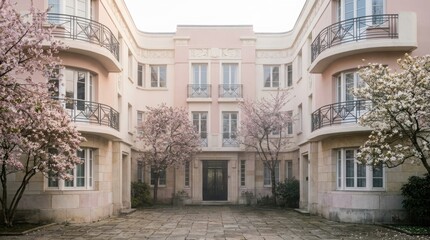 Fototapeta premium Elegant art deco style residential building facade with curved balconies and blooming trees in courtyard. Luxury Parisian architecture with vintage wrought iron
